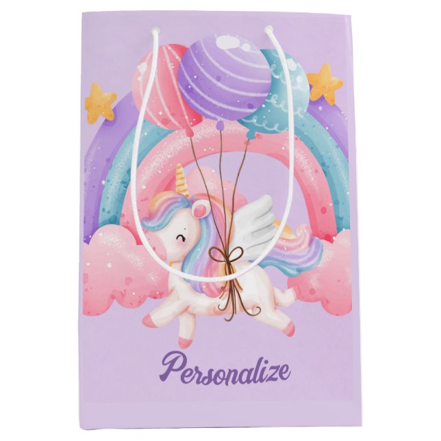 Cute Unicorn Rainbow Colourful Kids Personalised Medium Gift Bag (Front)