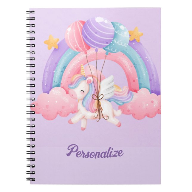 Cute Unicorn Rainbow Colourful Kids Personalised Notebook (Front)
