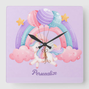 Cute Unicorn Rainbow Colourful Kids Personalised Square Wall Clock