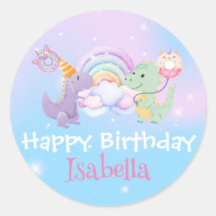 Cute Unicorn Rainbow Dino Donut balloon Birthday  Classic Round Sticker