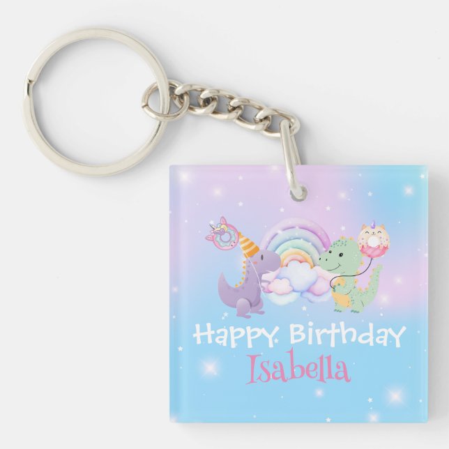 Cute Unicorn Rainbow Dino Doughnut balloon Birthda Key Ring (Front)
