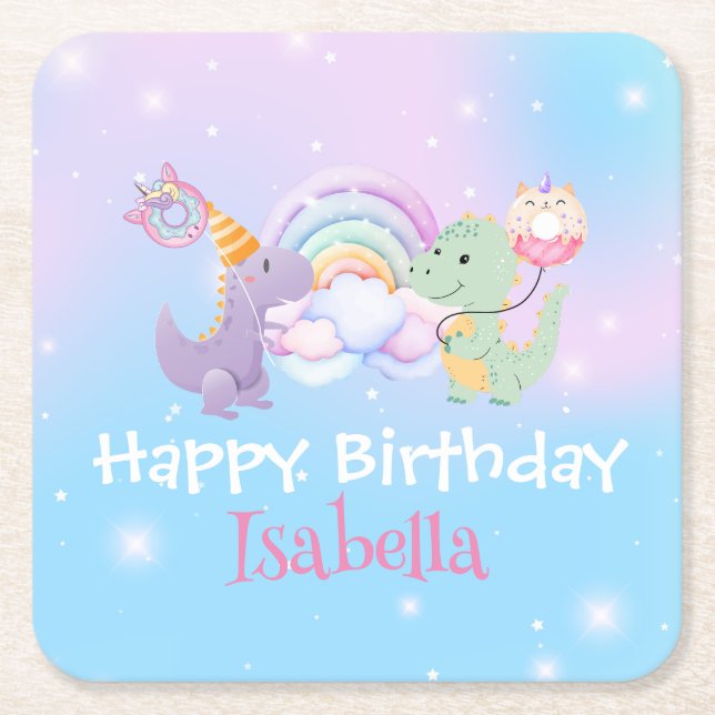 Cute Unicorn Rainbow Dino Doughnut balloon Birthda Square Paper Coaster (Front)