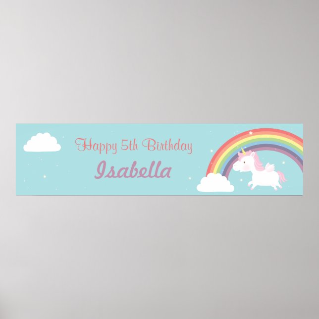 Cute Unicorn Rainbow Girls Birthday Party Banner Poster (Front)