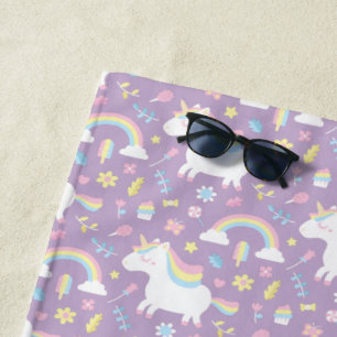 Cute Unicorn Rainbow Girls Purple Beach Towel