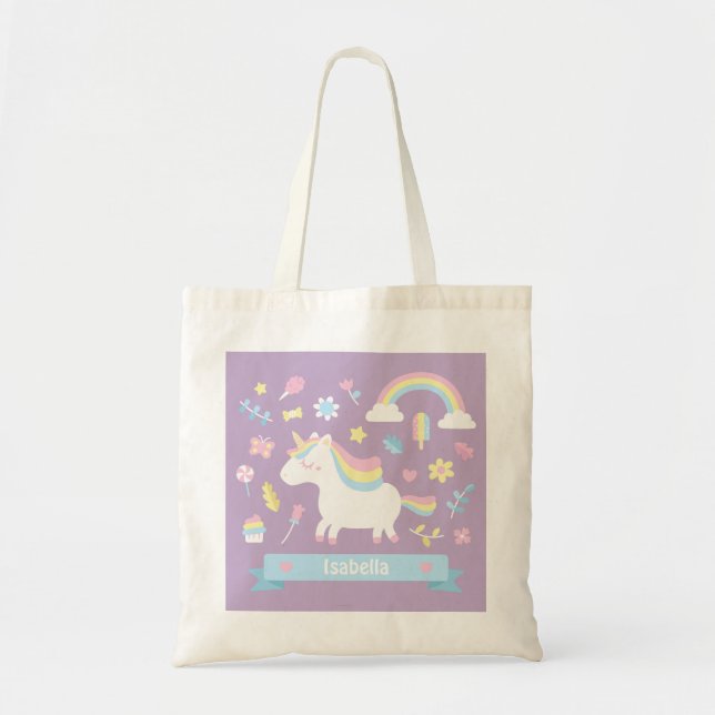 Cute Unicorn Rainbow Girls Purple Tote Bag (Front)