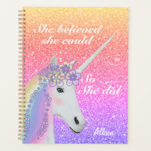Cute Unicorn Rainbow Glitter Girls Personalised Planner