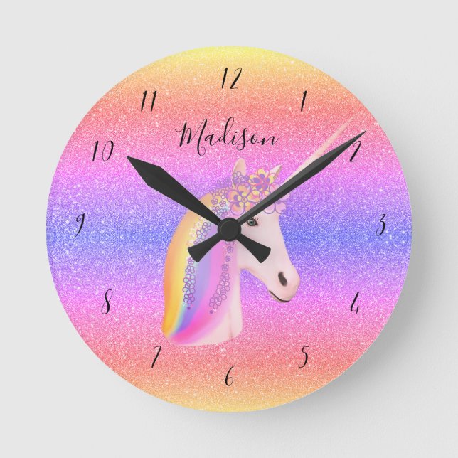 Cute Unicorn Rainbow Glitter Girls Personalised Round Clock (Front)