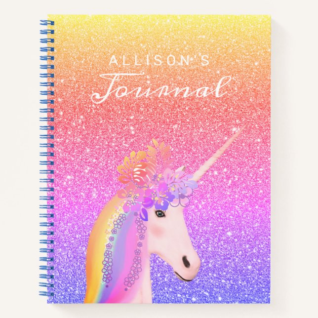 Cute Unicorn Rainbow Glitter Script Name Journal (Front)