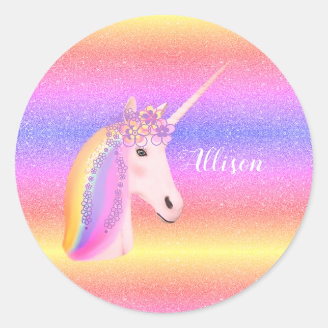Cute Unicorn Rainbow Glitter Sparkles Personalised Classic Round Sticker (Front)
