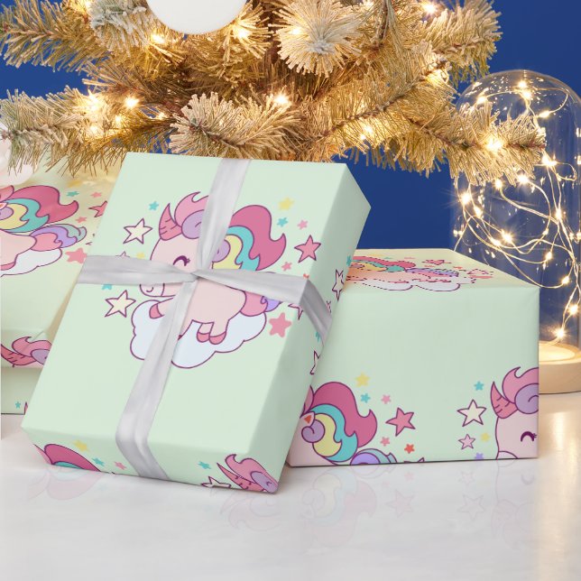 Cute Unicorn Rainbow Gold Glitter Pastel Pink Wrapping Paper (Holidays)