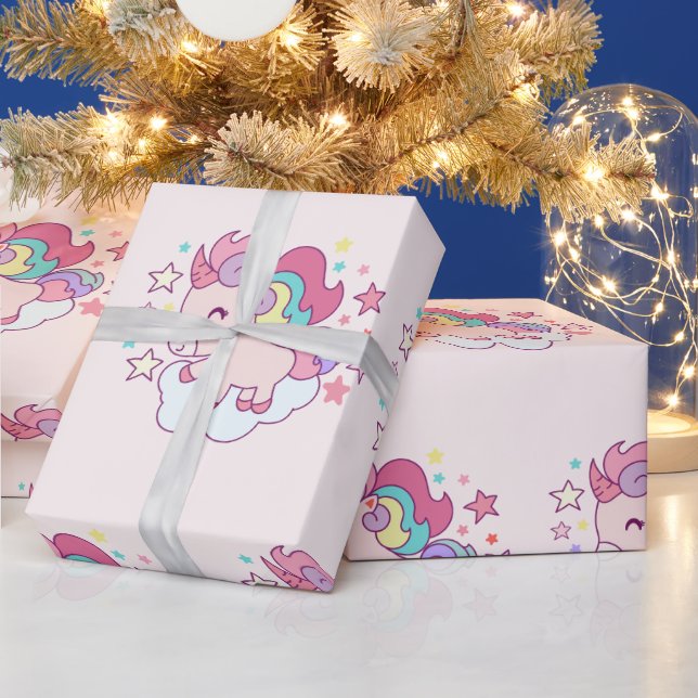 Cute Unicorn Rainbow Gold Glitter Pastel Pink Wrapping Paper (Holidays)