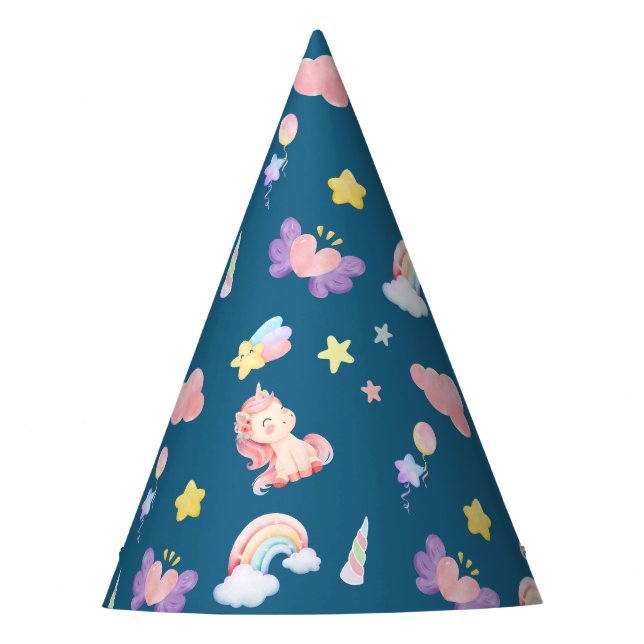 Cute Unicorn Rainbow heart balloon star pattern Party Hat (Front)