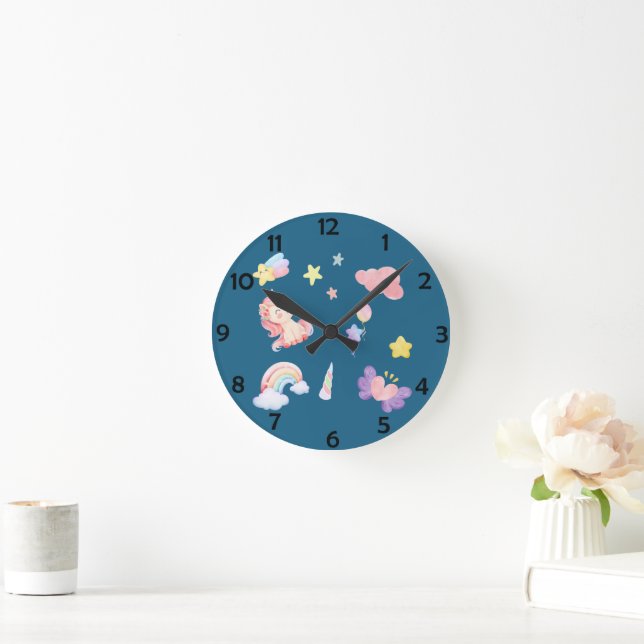 Cute Unicorn Rainbow heart balloon star pattern Round Clock (Home)