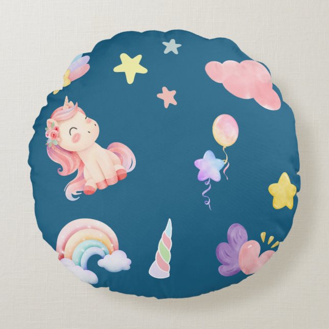 Cute Unicorn Rainbow heart balloon star pattern Round Cushion (Front)