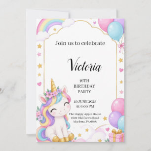 Cute Unicorn Rainbow Magical Birthday Party Invitation