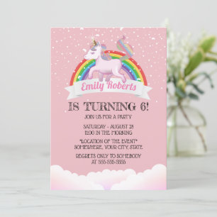 Cute Unicorn & Rainbow Pink Birthday Party Invitation