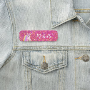 Cute Unicorn Rainbow Pink Glitter Personalised Name Tag