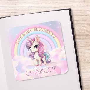 Cute Unicorn Rainbow School Bookplate Name Square Sticker