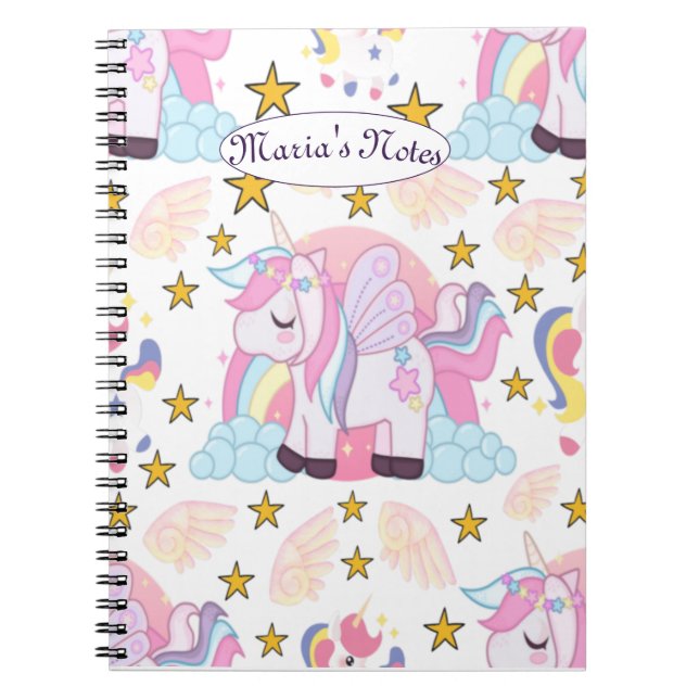 Cute Unicorn Rainbow Stars Custom Name Notebook (Front)