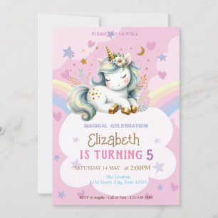 Cute Unicorn Rainbow Stars Hearts Birthday Invitation