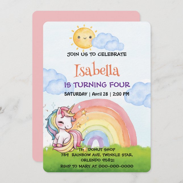 Cute unicorn rainbow sun sky Birthday Party Invitation (Front/Back)