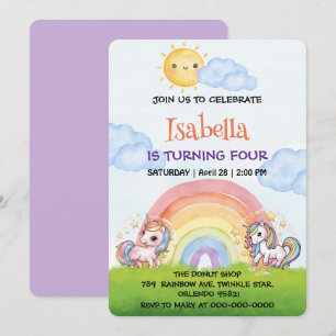 Cute unicorn rainbow sunshine sky Birthday Party Invitation