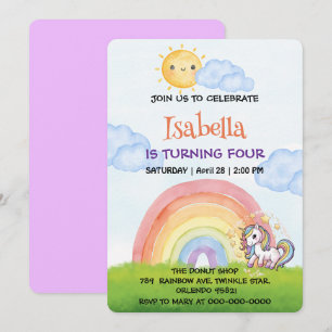 Cute unicorn rainbow sunshine sky Birthday Party Invitation