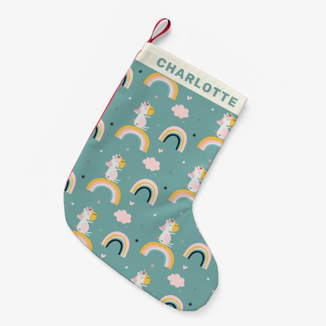 Cute Unicorn Rainbows Teal Green Personalised Name Small Christmas Stocking (Front (Hanging))