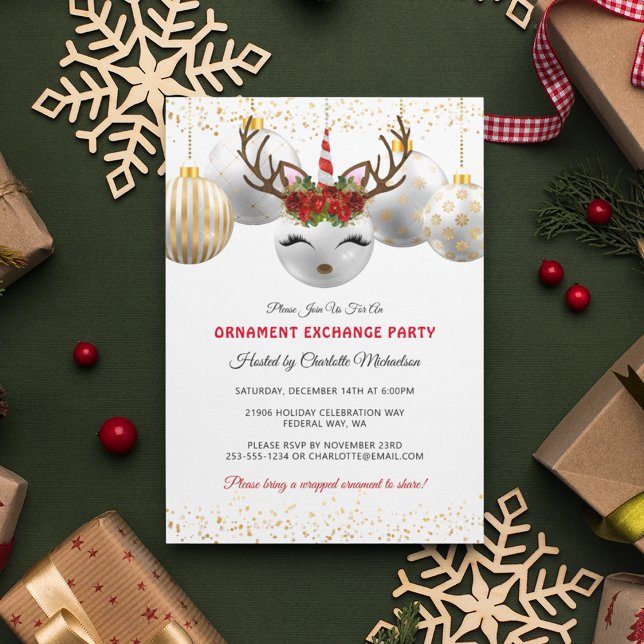 Cute Unicorn Reindeer Ornament Exchange Party Invitation (Christmas Holiday Reindeer Ornament Exchange Invitation)