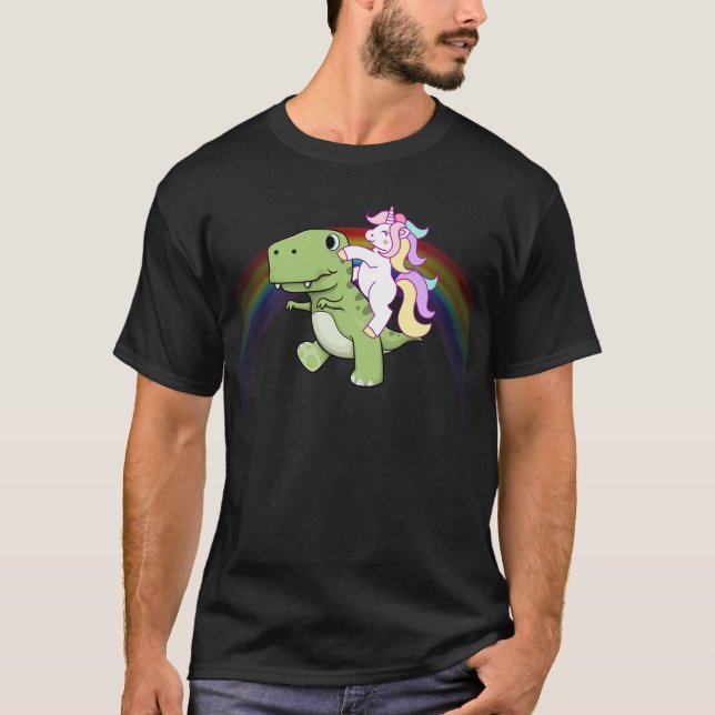 Cute Unicorn Riding Baby T Rex Rainbow T-Shirt (Front)