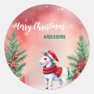 Cute unicorn Santa Christmas birthday snow party Classic Round Sticker