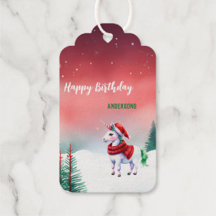 Cute unicorn Santa Christmas birthday snow party Gift Tags