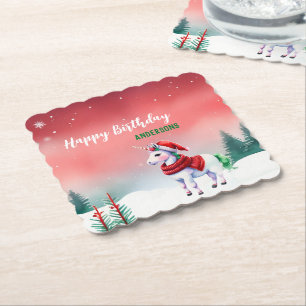 Cute unicorn Santa Christmas birthday snow party Paper Coaster