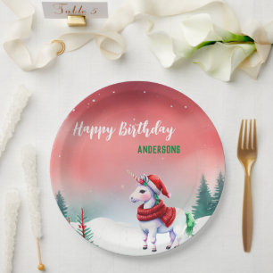 Cute unicorn Santa Christmas birthday snow party Paper Plate