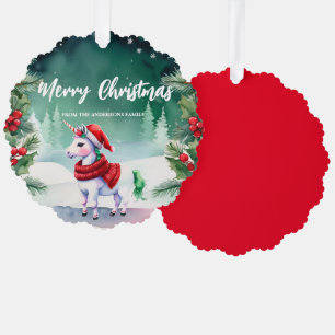 Cute unicorn Santa Xmas Holiday Party Family Tree Decoration Card