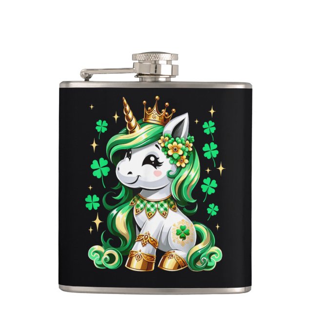 Cute Unicorn Shamrock St Patricks Day Hip Flask (Front)