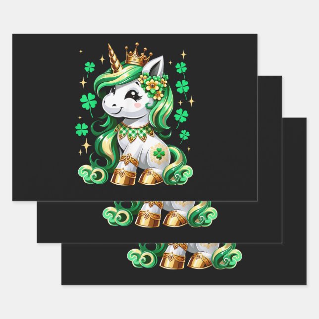 Cute Unicorn Shamrock St Patricks Day Wrapping Paper Sheet (Set)