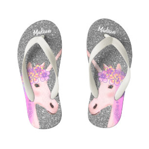 Cute Unicorn Silver Glitter Girls Personalised Kid's Thongs