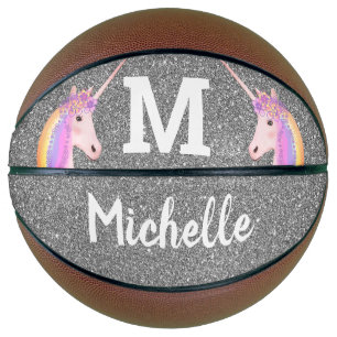 Cute Unicorn Silver Glitter Kids Personalised Basketball