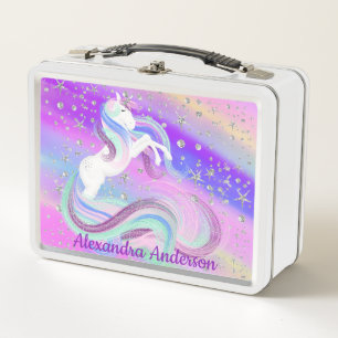 Cute Unicorn Silver Stars School Metal Lunch Box