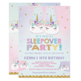 Cute Unicorn Sleepover Birthday Party Invitation