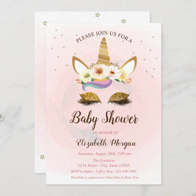 Cute Unicorn,  Stars Baby Shower Invitation (Front/Back)