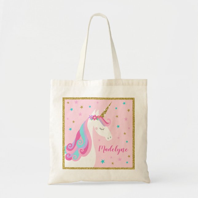 Cute Unicorn Stars Glitter Pink Tote Bag (Front)