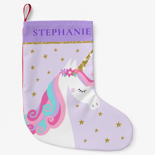 Cute Unicorn Stars Glitter Purple Small Christmas Stocking (Front)