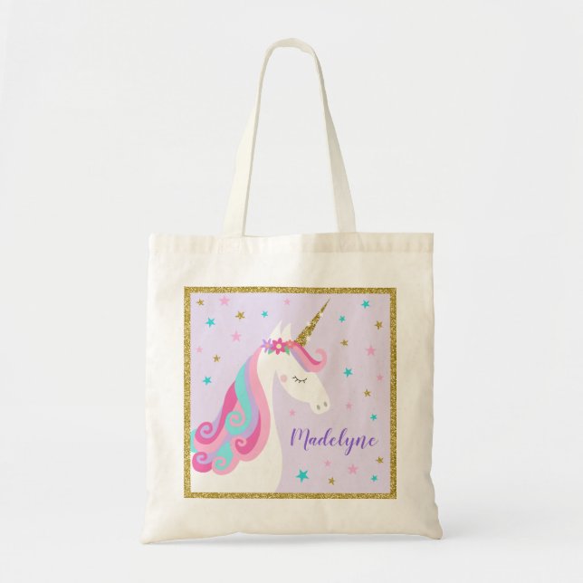 Cute Unicorn Stars Glitter Purple Tote Bag (Front)