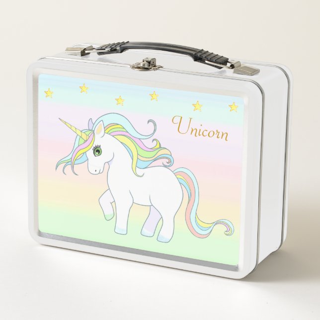  Cute Unicorn & Stars on Pastel Colours Metal Lunch Box (Front)