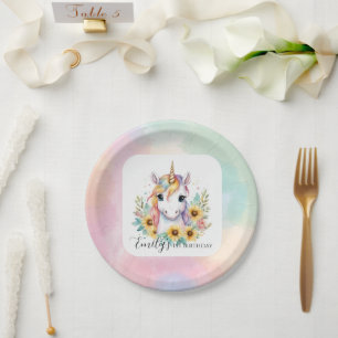 Cute Unicorn Sunflower 1st Birthday Paper Plate