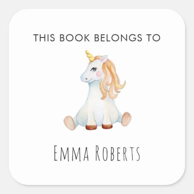 Cute Unicorn 'This Book Belongs' Kids Bookplate Square Sticker (Front)