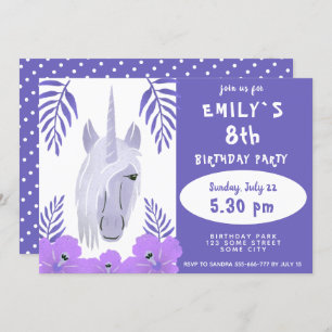Cute Unicorn Tropical Flowers Girl Birthday Invitation