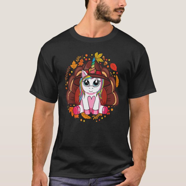 Cute Unicorn Turkey Happy Thanksgiving Girls Kids  T-Shirt (Front)